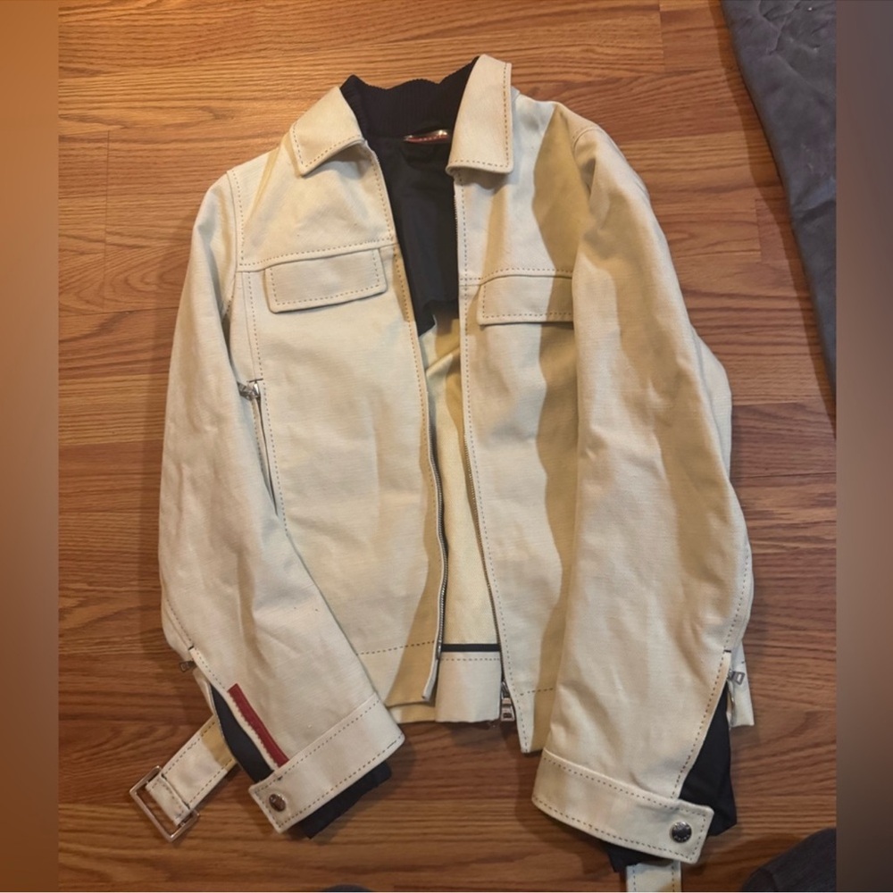 Women Prada Cream Bomber Jacket with Textured Finish